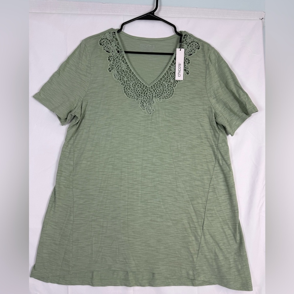 Chico's Olive Lace Accent Short Sleeve Top